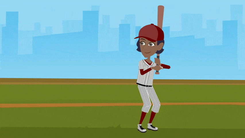GIF of an animated characters on a baseball field, ina baseball uniform, swinging a baseball bat