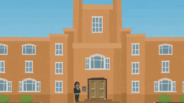 Animation of woman entering private building by tapping her security card