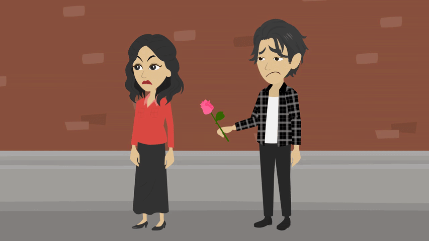 Man offering woman a rose. She crosses her arms and shifts her weight without looking at him. An example of Second Action, one of the disney animation principles
