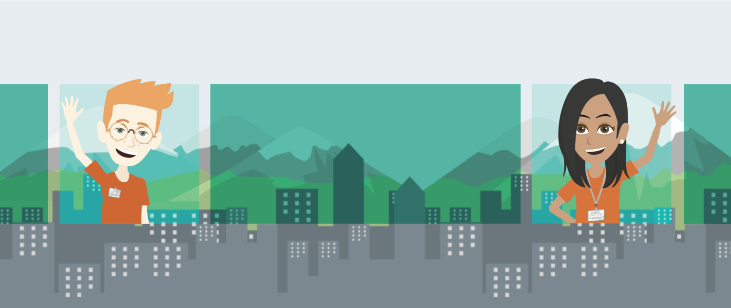 An illustrated cityscape of Salt Lake City with two members of the Vyond team waving. banner image for Vyond at ATD21