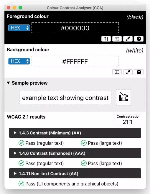 Image of TPGI’s free Colour Contrast Analyzer (https://www.tpgi.com/color-contrast-checker/) to ensure your website’s colors contrast well