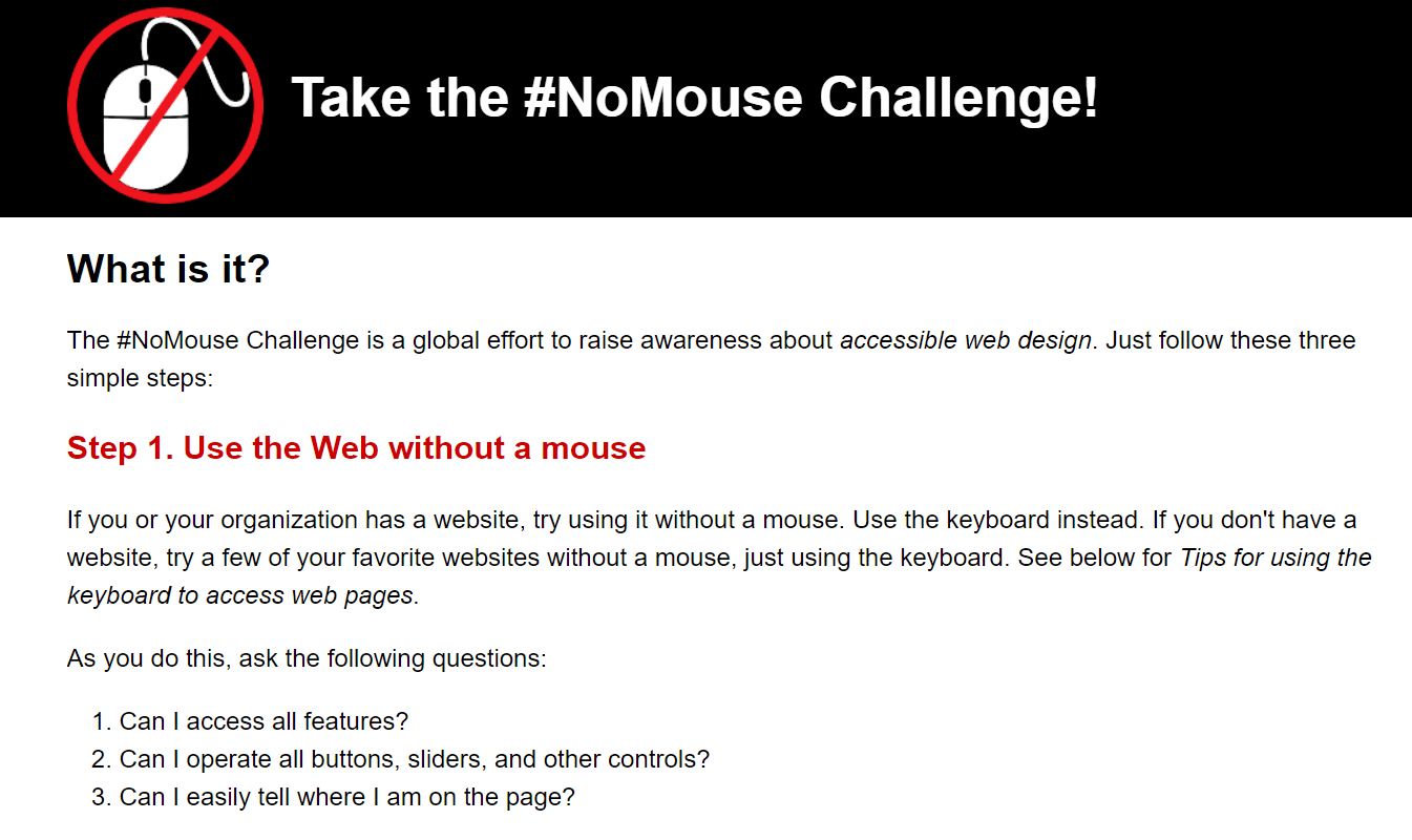 A screenshot of the #NoMouse Challenge website