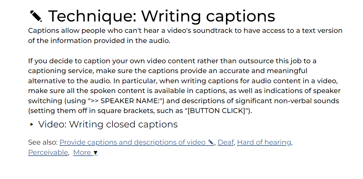 Screenshot of Harvard's brief guide for transcriptions, captions, and descriptions.