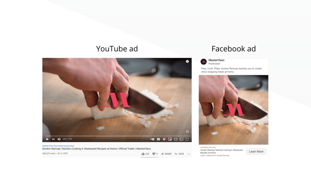 MasterClass video ads shown on both Facebook and YouTube.