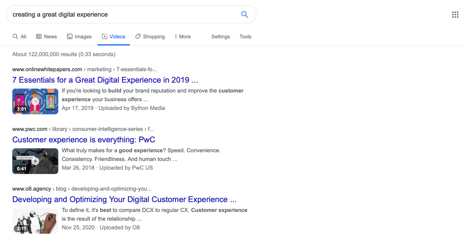 A screenshot of a Google Video search for creating a great digital experience, with a video titled "7 essentials for a great digital experience…" as the top result.